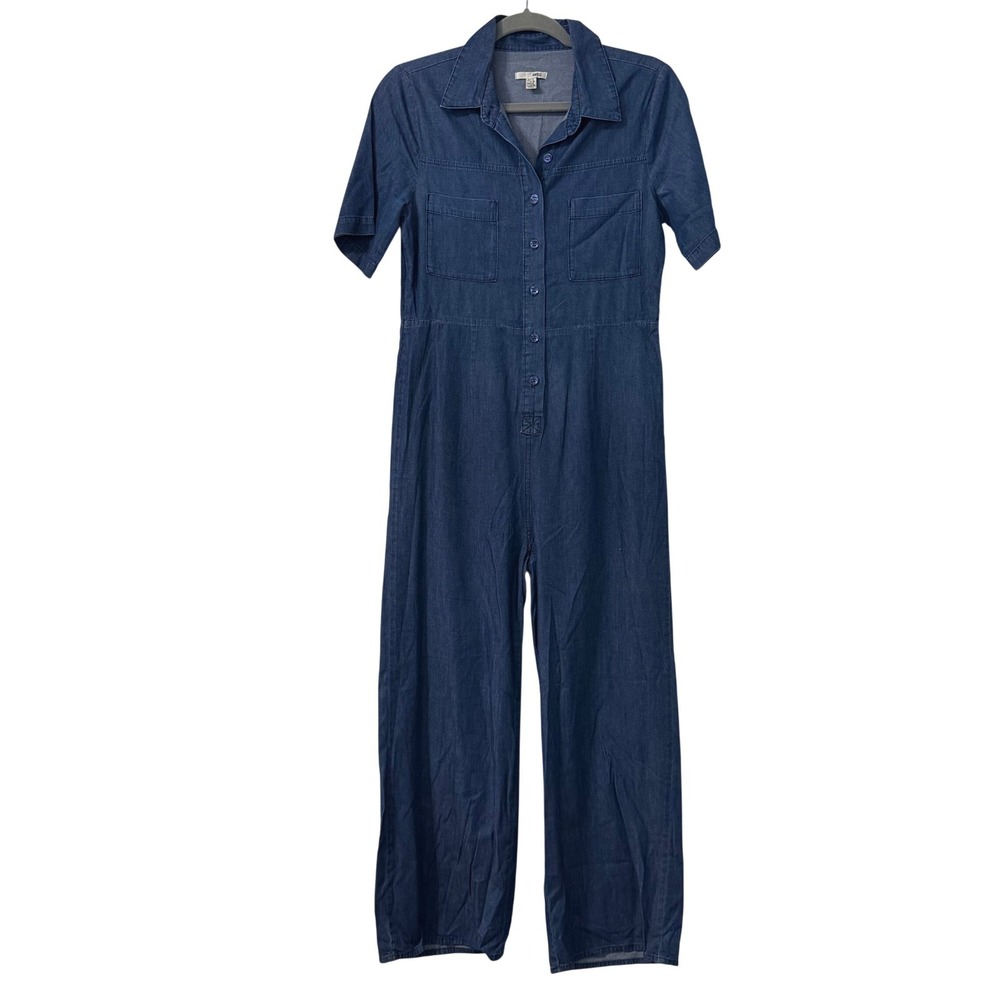 Amuse Society Women Blue Chambray Button Front Short Sleeve Jumpsuit S Utility